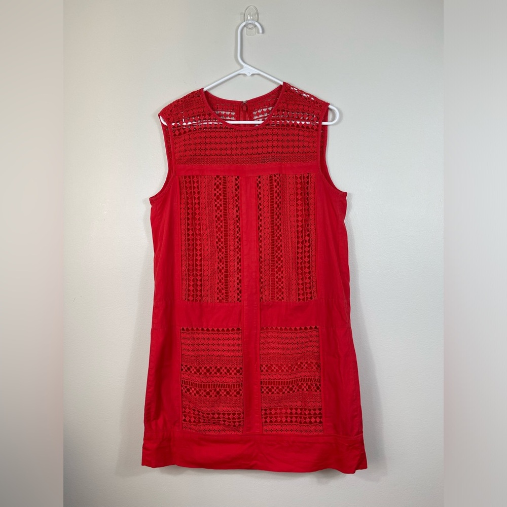 J.Crew Radish Coral-Red Embroidered Lace Sleeveless Shift Dress Cotton Size M - Picture 2 of 14